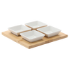 SADA NA SERVÍROVANIE PREDKRMOv - 4 ŠTVORCOVÉ PORCELÁNOVÉ MISKY S BAMBUSOVOU DOSKOU 22x22x3,5CM *7279