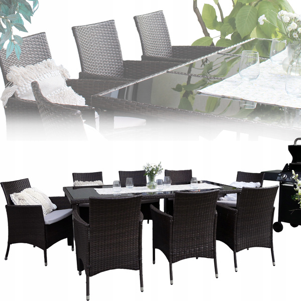 RATTAN FURNITURE SET (TABLE + 8 CHAIRS) BROWN + BEIGE PILLOWS