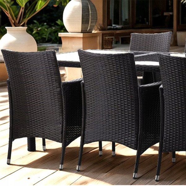 RATTAN FURNITURE SET (TABLE + 8 CHAIRS) BROWN + BEIGE PILLOWS