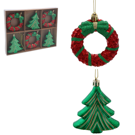 SET OF 6 CHRISTMAS TREE ORNAMENTS - WREATH / CHRISTMAS TREE 8CM pack=6sets