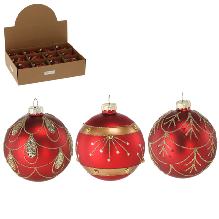 GLASS ORNAMENT - RED 8 CM GOLD DECORATIONS MIXED PATTERNS