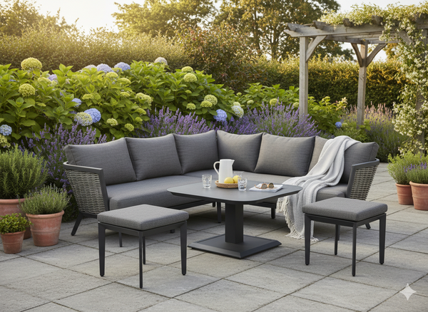 ZESTAW MEBLI ALUMINIOWYCH "TALLINN" (SOFA NAROŻNA + 2 PUFY + STOLIK Z REGULOWANĄ WYS.) SZARY + SZARE PODUSZKI