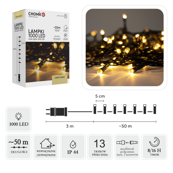 LED SVĚTLA 1000L TEPLÁ BÍLÁ DLOUHÁ 3 + 50 M VNITŘNÍ/EXTERNÍ *9621