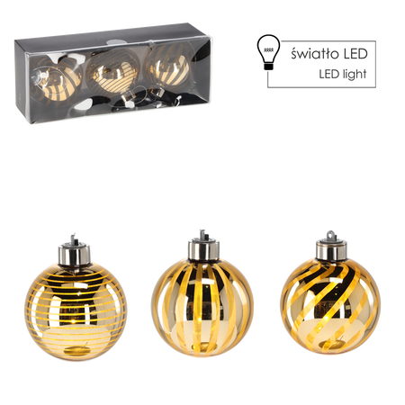 KPL. 3 BOMBEK SZKLANYCH - ZŁOTE 8 CM LED *4365