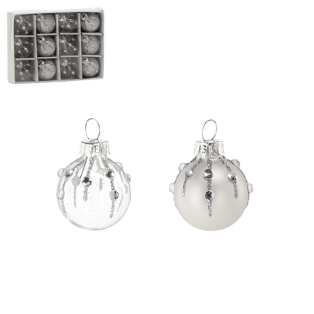SET OF 12 GLASS ORNAMENTS - SILVER-TRANSLUCENT