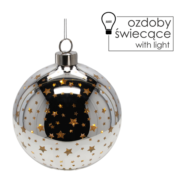 OZDOBA ŚWIĄTECZNA SZKLANA FI 10 CM LED BOMBKA SREBRNA W GWIAZDKI opak=6szt *2782