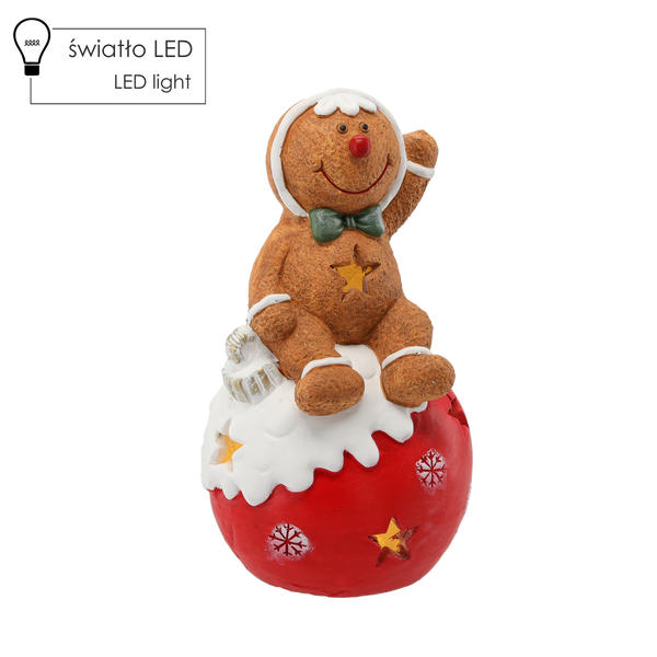 FIGURKA BOHOSLÚŽBY - PERNÍKOVÝ ČLOVEK SEDIACI NA OZDOBE 19 X 17 X 35 CM LED *0974