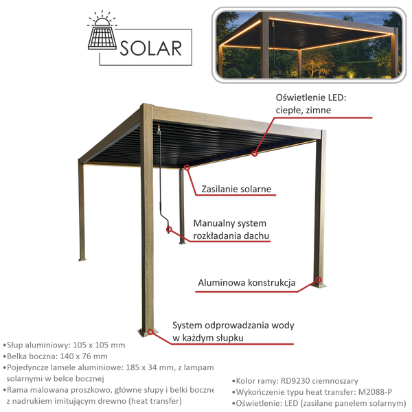 PERGOLA ALUMINIOWA BIOKLIMATYCZNA LED 3 x 4 x 2,5 M DREWNOPODOBNA