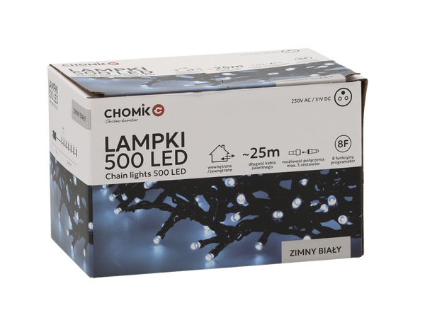 LAMPKI LED 500L ZIMNY BIAŁY, DŁ. 3 + 25 M WEWN/ZEWN *9577