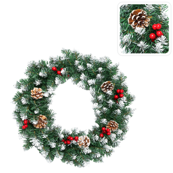 VÁNOČNÍ DEKORACE - VĚNEC 40 CM SNĚŽENÝ S WINTERBERRY A ŠIŠKAMI *9070