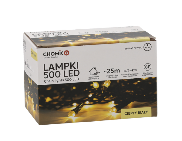 LAMPKI LED 500L CIEPŁY BIAŁY, DŁ. 3 + 25 M WEWN/ZEWN *9560