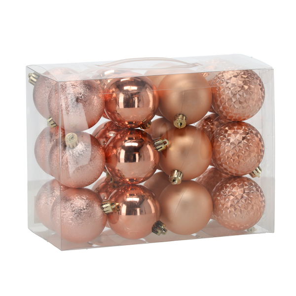 SET OF 24 BAUBLES 6 CM OLIVE/COPPER/GRAPHITE MIX DESIGNS