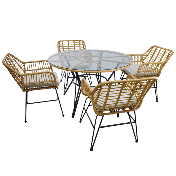 GARDEN FURNITURE SET (TABLE, 4 CHAIRS) - BROWN, CUSHIONS - GREY