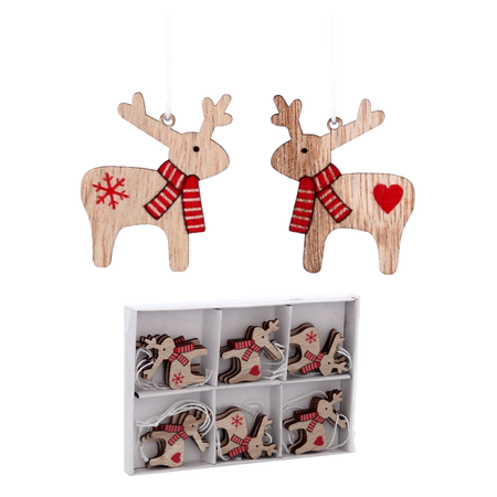 Set de 18 ornamente din lemn pentru Crăciun de suspendat mix 2 modele reni ambalaj=12 buc *9010