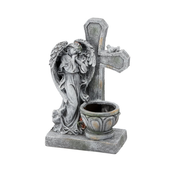 FIGURA ANIOŁ STOJĄCY Z KRZYŻEM I DONICĄ 21,5 X 14 X 35,5 CM *8813