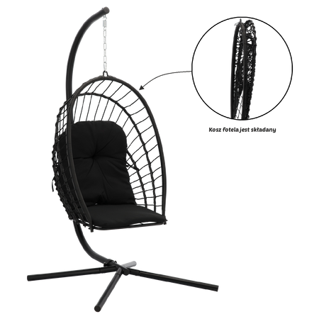 ERIS BLACK HANGING FOLDABLE CHAIR, PILLOW - BLACK, FRAME - BLACK