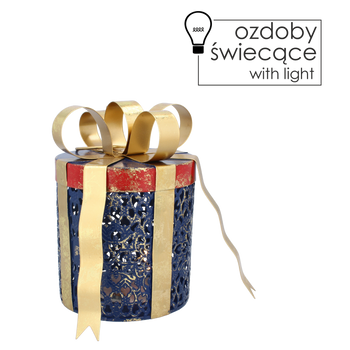 CHRISTMAS DECORATION - METAL ROUND PRESENT WITH BOW LED 15 x 15 x 20 CM