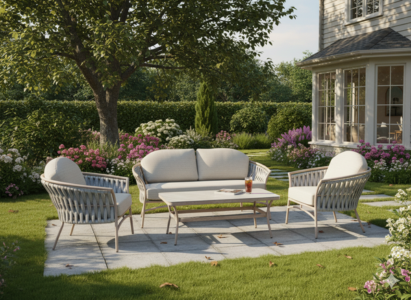 ZESTAW MEBLI ALUMINIOWYCH "VALLETTA" (SOFA + 2 FOTELE + STOLIK) BEŻOWY + SZARE PODUSZKI