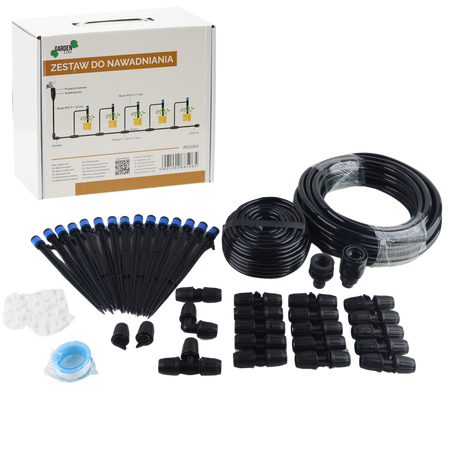 IRRIGATION SYSTEM KIT INCLUDING: 1x TAP ADAPTOR,1x PCV IRRIGATION HOSE 9*12MM -10M,1x PCV IRRIGATION HOSE 3X5MM/10M, 2x DRIP 2x TEE 9*12MM, 2x CONNECTOR, 3x END DRIP, 20x CLIPS, 2x QUICK CONNECTOR, 1X PCV IRRIGATION HOSE 4*7MM, 10x REDUCER TEE 9X12MM – 4