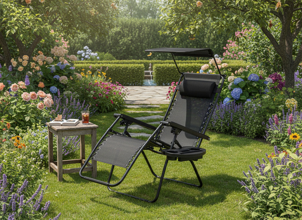 LEŻAK OGRODOWY SKŁADANY Z PODSTAWKĄ, KIESZONKĄ, DASZKIEM I ZAGŁÓWKIEM CZARNY