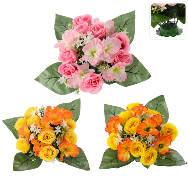 SZTUCZNA WIĄZANKA KWIATÓW RÓŻE I HIBISKUS 25 x 28 x 28 CM MIX KOLORÓW opak=12 szt *2942