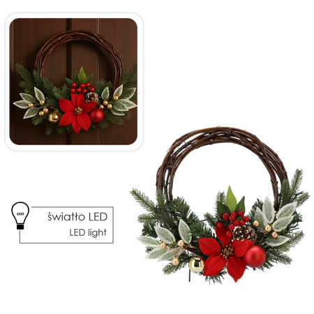 Coroană de Crăciun din răchită cu LED-uri 10, 30 cm, roșu-aurie *0769