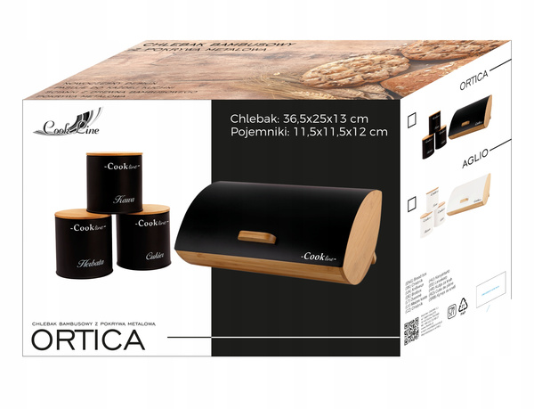 CHLEBAK ORTICA - BAMBUSOWY Z POKRYWĄ METALOWĄ 36,5x25x13 CM CZARNY MAT + 3 POJEMNIKI 11,5x11,5x12 CM
