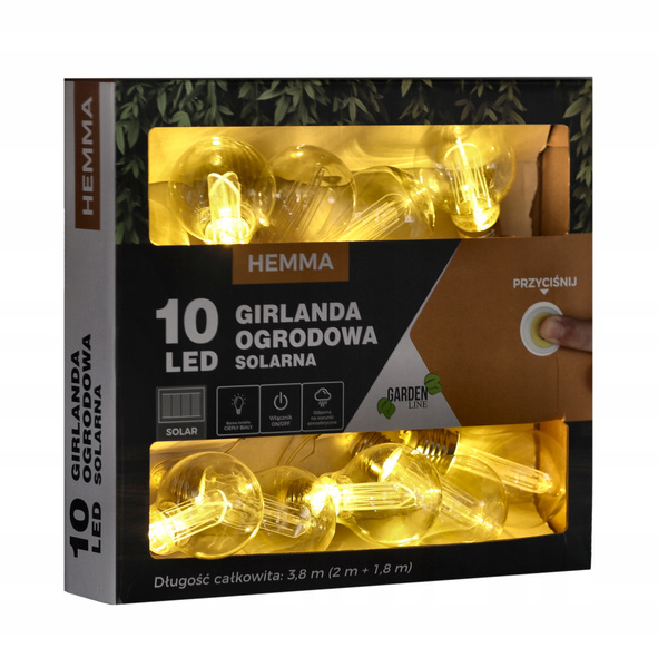SOLÁRNY ZÁHRADNÝ REŤAZ DĹŽKA 2 + 1,8 M HEMMA 10 LED TEPLÁ BIELA VEĽKÁ ŽIAROVKA *3606