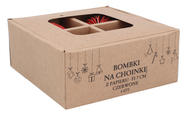 KPL. 4 BOMBEK NA CHOINKĘ Z PAPIERU FI 7 CM CZERWONE opak=6kpl *2020