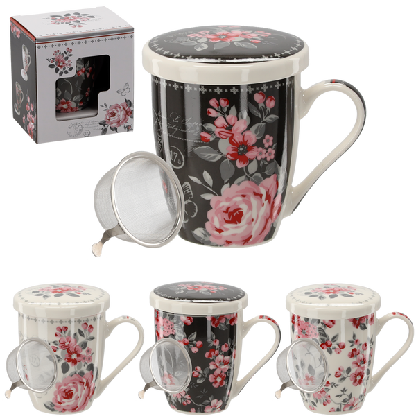 KUBEK PORCELANOWY Z ZAPARZACZEM I POKRYWKĄ 340 ML MIX KWIATOWYCH WZORÓW *1889