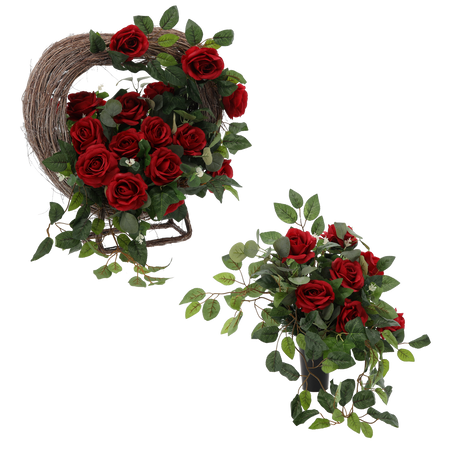 Set. Bouquet for Vase + CH Arrangement - 35 Heart Basket with Rose (Width 60 CM, Height 62 CM)