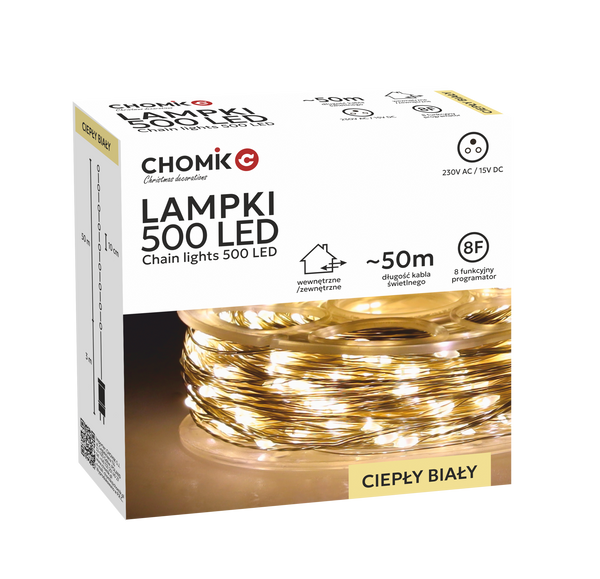 LAMPKI LED DRUCIKI NA SZPULI 500L CIEPŁY BIAŁY, DŁ. 3 + 50 M *8523