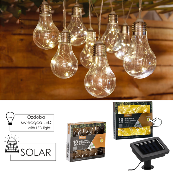 SOLÁRNÍ ZÁHRADNÍ LED ŘETĚZ DÉLKA 2 + 1,8 M MOZA 10 LED TEPLÁ BÍLÁ *3538