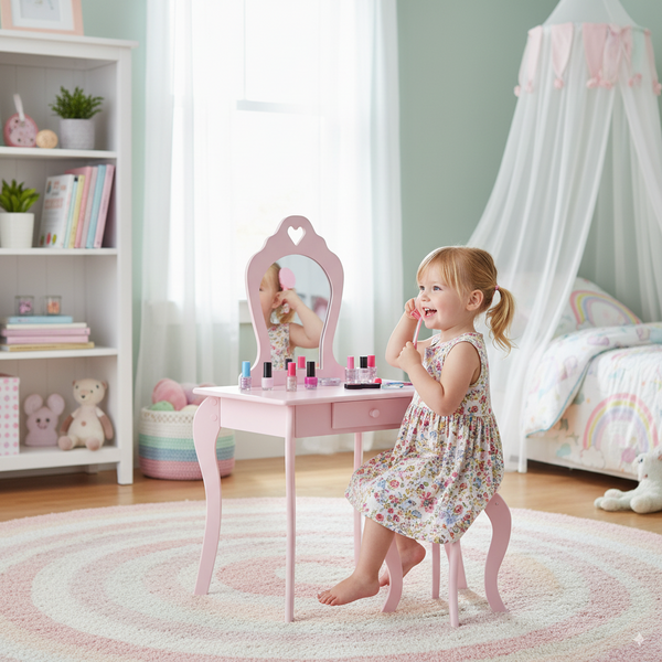MAŁA TOALETKA KOSMETYCZNA RÓŻOWA  Z LUSTREM + TABORET *0403