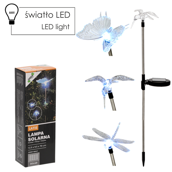 LAMPA SOLARNA LATIS 12,5 x 9,5 x 70 CM SREBRNA KOLIBER / MOTYL / WAŻKA ZIMNY BIAŁY *4344