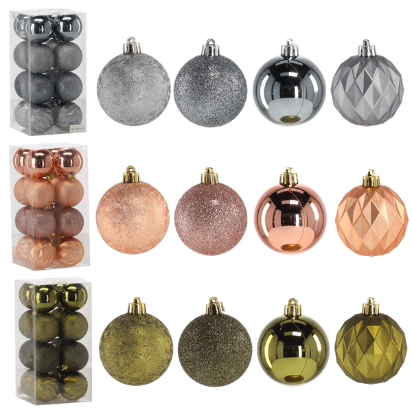 SET OF 16 BAUBLES 6 CM OLIVE/COPPER/GRAPHITE MIX DESIGNS
