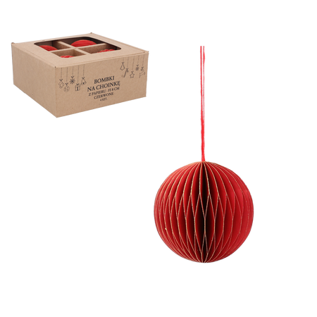 SET OF 4 CHRISTMAS TREE PAPER BAUBLES 8 CM RED