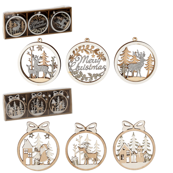 SET OF 6 WOODEN CHRISTMAS ELEMENTS - MIX OF DESIGNS