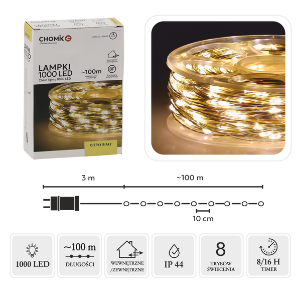 LED SVETLÁ DRÔTIKY NA CIEVKY 1000L TEPLÁ BIELA, DĹŽKA 3 + 100 M *0085