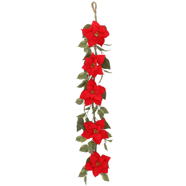 CHRISTMAS DECORATION - ARTIFICIAL GARLAND 148 CM WITH 5 FLOWERS RED