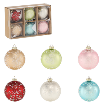 SET OF 6 GLASS BAUBLES 8 CM DECORATED MIX COLOR