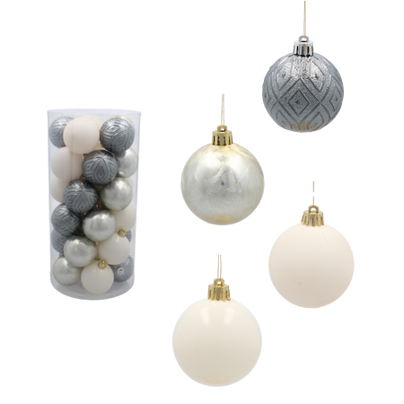 SET OF 30 ORNAMENTS 6 CM  IN TUBE CHAMPAGNE/GRAY/WHITE