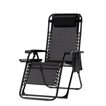 FOLDING GARDEN SUN LOUNGER WITH BASE, POCKET AND HEADREST BLACK 65 X 176 X 110 CM