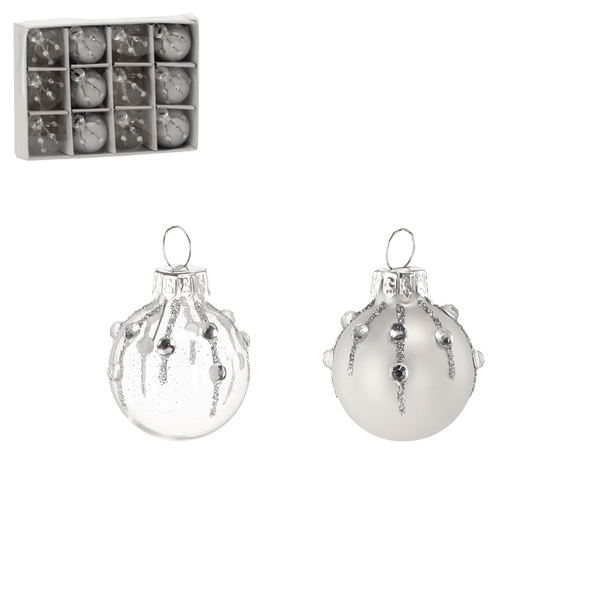 SET OF 12 GLASS ORNAMENTS - SILVER-TRANSLUCENT