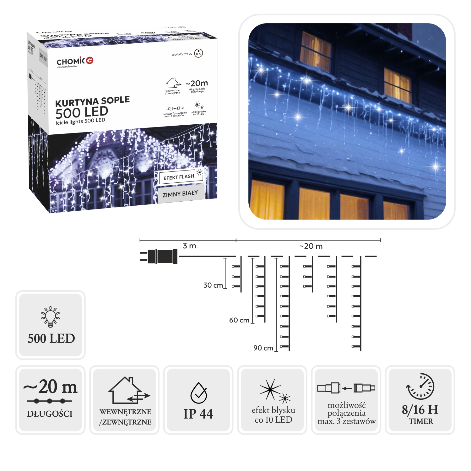 KURTYNA SOPLE 500L ZIMNY BIAŁY + ZIMNY FLASH, DŁ. 3 + 20 M *9898
