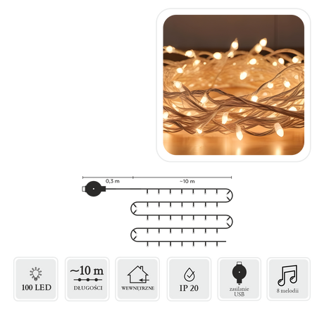 LAMPKI LED Z MELODIĄ USB 100L MULTIKOLOR, DŁ. 0,3 + 10 M *8516