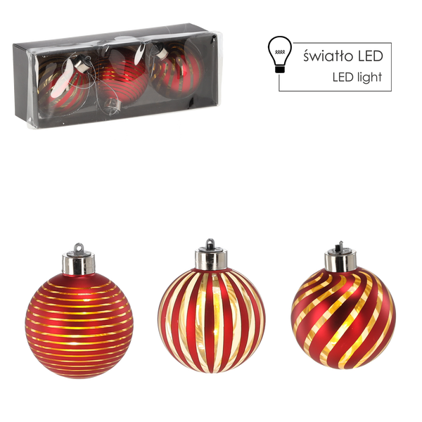 SADA 3 SKLENENÝCH OZDÔB - ČERVENÉ 8 CM LED *4358