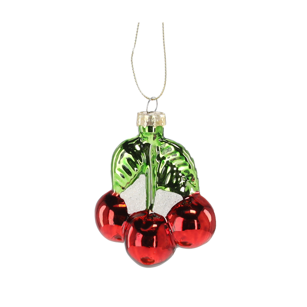 ORNAMENT DE CRĂCIUN DIN sticlă 6 x 4.7 x 7.5 CM - CIREȘE CU FRUNZIȚE pachet=12buc *2690