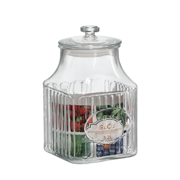 SKLENENÝ ŠTVORCOVÝ DŽBÁN 3,2L OZDOBENÝ SKLENENÝM VÍKOM *0871