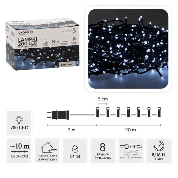LAMPKI LED 200L ZIMNY BIAŁY DŁ. 3 + 10 M WEWN/ZEWN *9454